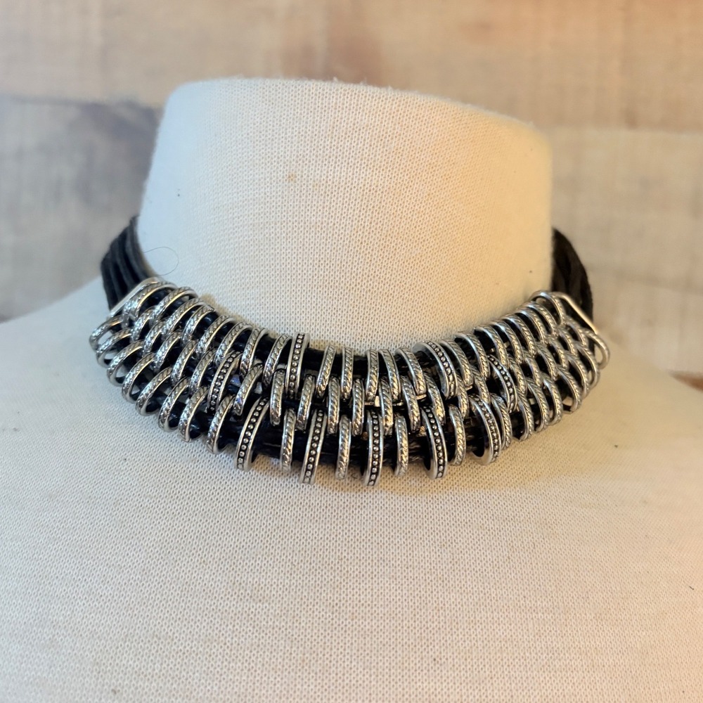 Black Multi Strand Cord Choker Necklace Silver Tone Textured Ring Bib